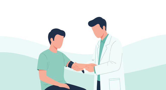 Medical Examination Illustration: Doctor Checking Patient's Blood Pressure in a Clinic Setting