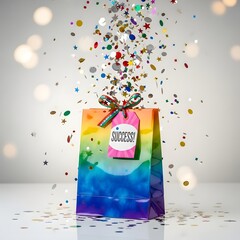 A colorful gift bag with a tag reading 'Success!' surrounded by falling confetti and sparkling lights, celebrating achievement and festive joy
