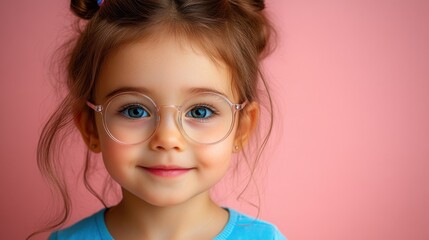 A joyful child with soft, curly hair and round glasses smiles happily while wearing a yellow shirt, set against a vibrant pink backdrop.