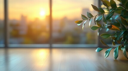 Modern office interior featuring greenery and natural light in a bright, inviting workspace