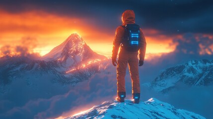 A man gazes over a stunning mountain valley at sunset from a peak, admiring the colorful sky and hazy landscape