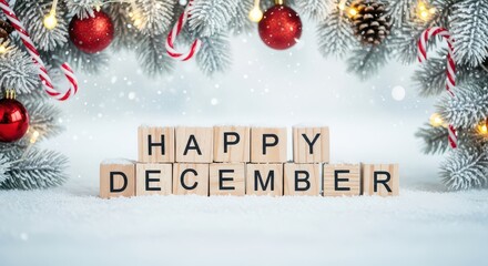 Happy december text on wooden blocks with festive christmas decorations