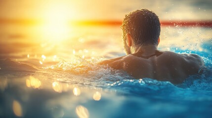 A swimmer executing the butterfly stroke under sunlight, showcasing a muscular back and gliding between red lane dividers in clear water