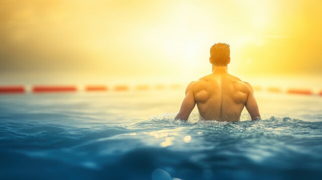 A swimmer executing the butterfly stroke under sunlight, showcasing a muscular back and gliding between red lane dividers in clear water