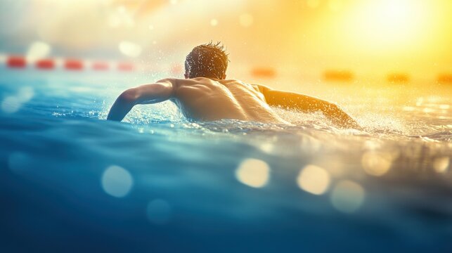 A swimmer in a butterfly stroke moves powerfully through the water, with sunlight highlighting his muscular back as he glides past bright red lane dividers.