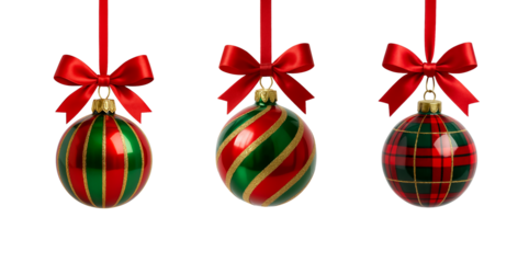 Elegant festive baubles with red bows, showcasing vibrant colors and intricate designs for holiday decor