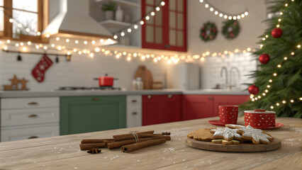 Cozy Christmas Kitchen Background with Gingerbread, Cinnamon, and Holiday Lights