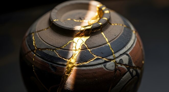 A close-up view of a traditional Japanese Raku pottery vase with intricate gold and black crackle glaze design, highlighting craftsmanship and artistic detail - Powered by Adobe