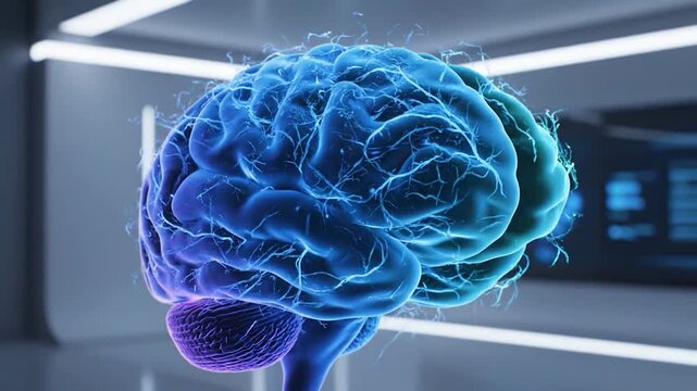 3D rendered, luminous human brain model showcasing neural pathways, in a futuristic setting - Powered by Adobe