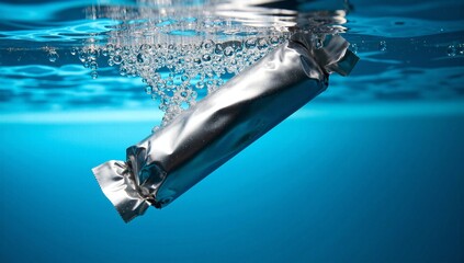 Silver snack bar mockup submerged in blue water