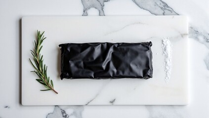 Luxury black snack bar mockup on marble background