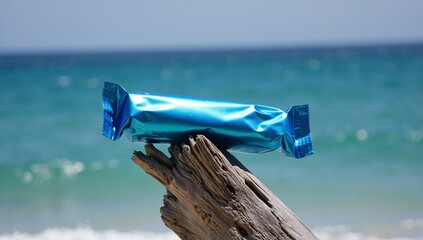 Blue snack bar mockup on sunny tropical beach