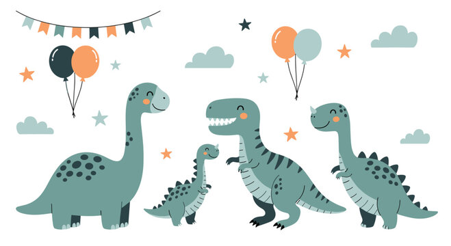 Adorable collection of happy cartoon dinosaurs with party balloons clouds and stars celebrating a prehistoric birthday adventure. - Powered by Adobe
