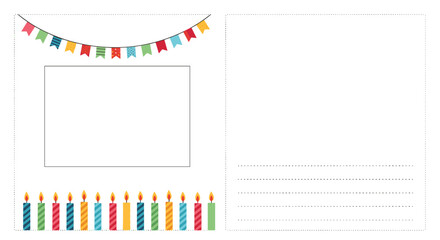 Blank birthday card template with colorful bunting flags a frame for text and a row of candles ready for personalized messages.