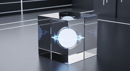 A futuristic metallic cube with a glowing circular core emitting light and energy effects in a sleek, modern environment perfect for technology and innovation themes