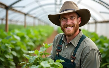 Happy smiling entrepreneur ranch manager leading group of farmers harvesting locally non-GMO eco friendly food crops. Sustainable bio agriculture in certified organic greenhouse. High quality