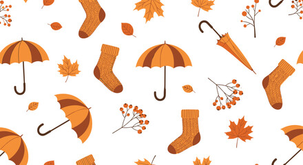 Cozy seamless pattern with umbrellas socks hats and berries on a white background capturing the essence of a warm autumn day.