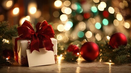 Festive christmas gift box with red ribbon and blank card surrounded by twinkling lights and ornaments