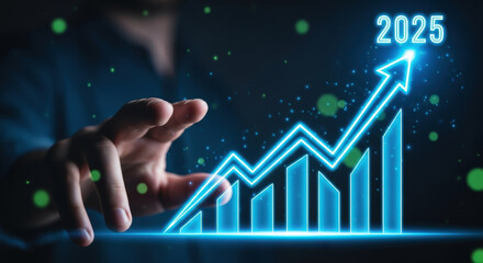 Projected Business Growth Chart with Upward Arrow and 2025 Year Indicator Representing Future Success and Positive Trends in Financial Markets and Investments