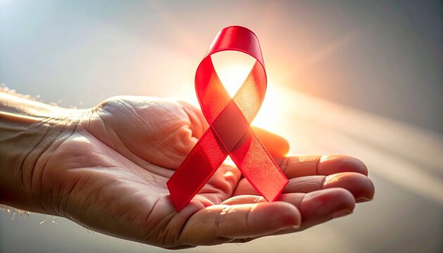A close-up hand holding a red awareness ribbon with soft rim lighting, symbolizing World AIDS Day and multiple myeloma cancer support on a clean minimalist background. - Powered by Adobe