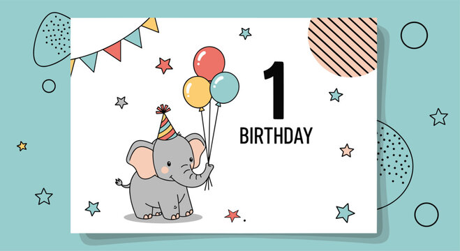 Adorable first birthday card design featuring a cute baby elephant holding balloons with "1 BIRTHDAY" text and festive decorations. - Powered by Adobe