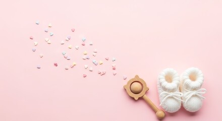 Baby Shower Flat Lay with Knitted Booties and Wooden Rattle