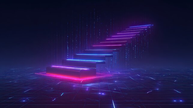Abstract Glowing Staircase Ascending into a Dark Digital Landscape with Pixelated Ground and Dazzling Neon Lights