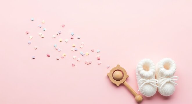 Baby Shower Flat Lay with Knitted Booties and Wooden Rattle
