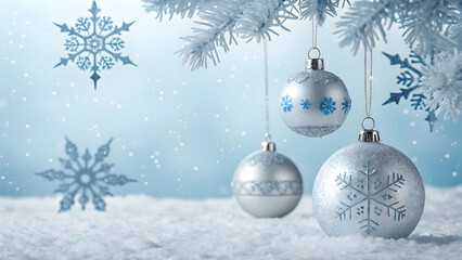 Cool-Toned Winter Christmas Background with Silver Ornaments and Snowflakes