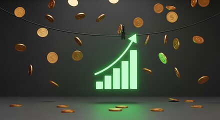 Glowing Green Bar Chart with Falling Gold Coins