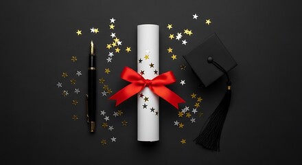 Graduation Diploma Scroll with Cap and Pen Surrounded by Stars 