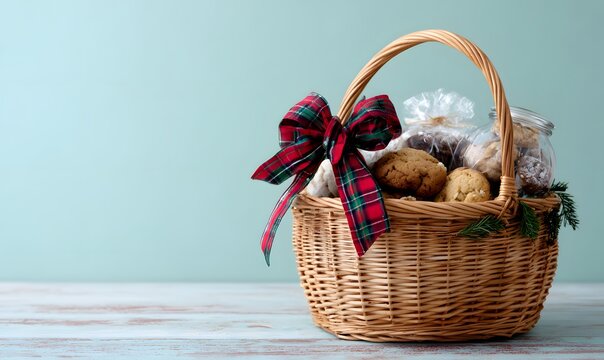 A large wicker basket with a handle loaded up with home made Christmas holiday goodies and topped with a high red and green plaid bow on a distressed teal background