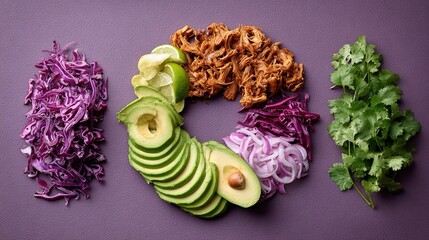 carnitas. Artistic arrangement of traditional Mexican taco ingredients, showcasing vibrant colors and fresh flavors. menu design.