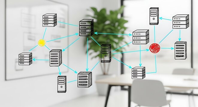 Data network diagram with servers and connections in a modern office