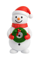 Snowman with red scarf and mittens holding a realistic Christmas wreath with holly berries Cutout Transparent PNG