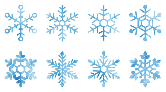 雪の結晶の手描きアイコンイラストセット 水彩 青色