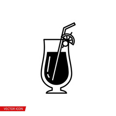 Tropical cocktail vector icon illustration of summer drink with straw and lemon slice isolated design