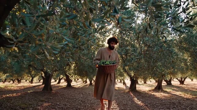 woman walking in olive grove carrying crate of produce. skirt brushes tree root and leaf. sunlight filters through tree canopy. earthy ground covered with fallen leaf and soil. hands hold crate.