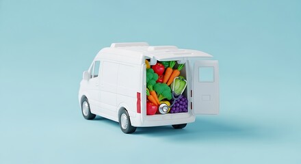 White Delivery Van Filled with Fresh Fruits and Vegetables truck vehicle
