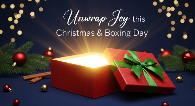 Unwrap joy this christmas and boxing day with a glowing gift box and festive decorations