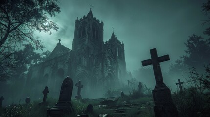 Gothic mansion in a pine forest, foggy evening, epic spooky atmosphere, grave crosses