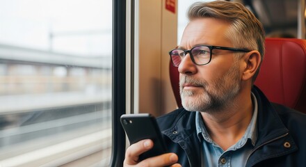 Serious Middle-Aged Man with Beard and Glasses Holding a Smartphone While Traveling on a Train