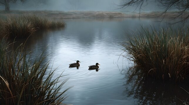Two ducks swim peacefully on a serene misty lake surrounded by reeds - Powered by Adobe