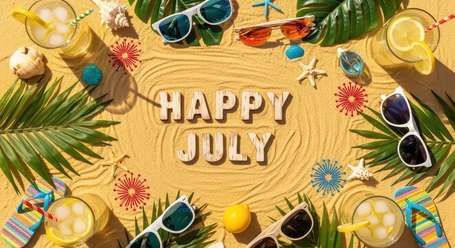 Happy july text surrounded by summer beach elements and drinks - Powered by Adobe