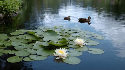 Two ducks swim in a calm pond surrounded by blooming water lilies and lush green lily pads under natural daylight