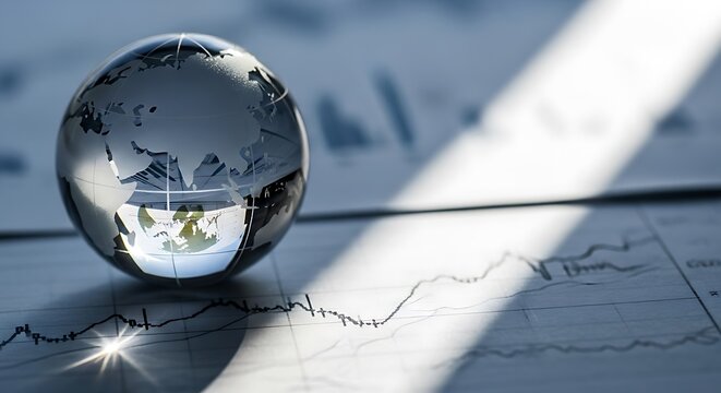 Crystal globe on financial chart with light ray for global business concept