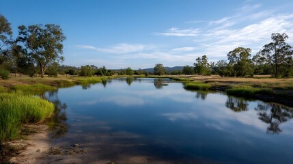 Fototapeta premium A tranquil natural landscape featuring a calm water body reflecting the clear blue sky and scattered clouds