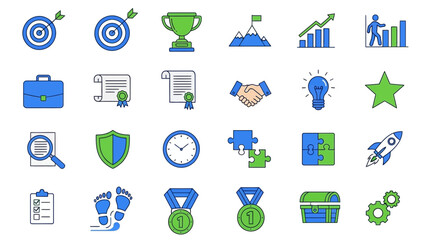 Colorful set of business and strategy icons symbolizing success and achievement