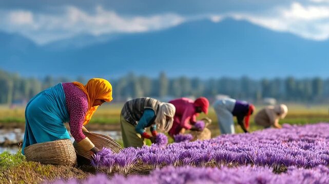 Saffron fields in Kashmir, pickers bending among purple blossoms, India, Kashmir, saffron, harvest, agriculture, landscape, culture, spice, with copy space
