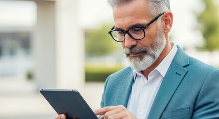 Serious Mature Businessman with Gray Beard and Glasses Using a Digital Tablet Outdoors